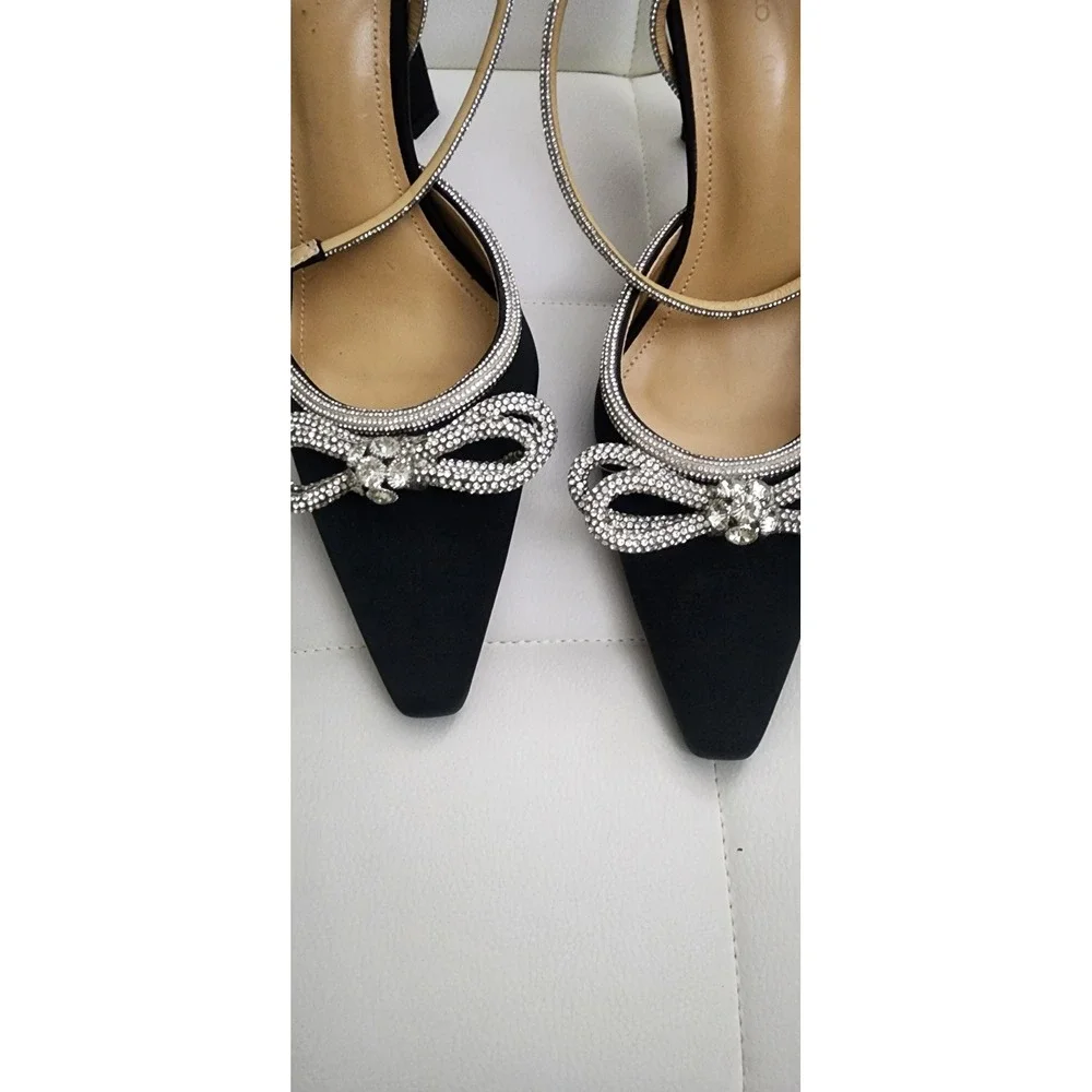 Tony‎ Bianco Black Satin Rhinestone Bow Pointed Toe Block Heel Pumps Womens